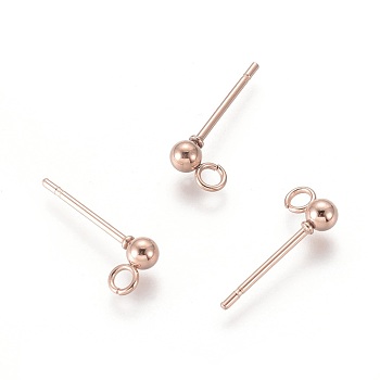 304 Stainless Steel Stud Earring Findings, with Loop, Round, Rose Gold, 14x3mm, Hole: 2mm, Pin: 0.8mm, Round: 3mm