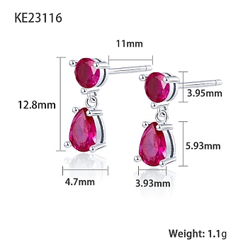 Cubic Zirconia Teardrop Dangle Stud Earrings, Platinum Rhodium Plated 925 Sterling Silver Earrings, Medium Violet Red, 12.8x3.93~4.7mm