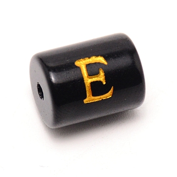 Painted Glass Beads, Black Column with Gold Letter, Letter.E, 13.7x10mm, Hole: 1.5mm