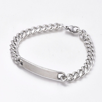 304 Stainless Steel Curb Chain ID Bracelets, with Lobster Claw Clasps, Stainless Steel Color, 8-1/2 inch(21.5cm)