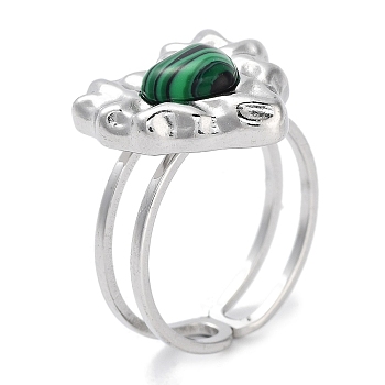 Ion Plating(IP) 304 Stainless Steel Ring, Adjustable Synthetic Malachite Rings, Heart, 15x15.5mm, Inner Diameter: Adjustable