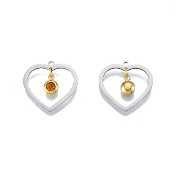 201 Stainless Steel Pendants, with Rhinestone, Heart with Flat Round, Real Gold Plated & Stainless Steel Color, Topaz, 23x24x1mm, Hole: 1.6mm