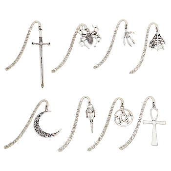SUPERFINDINGS 1 Set Gothic Style Alloy Hook Bookmarks, Tibetan Style Alloy Big Pendant Bookmarks, Skull/Spider/Ankh Cross, Antique Silver, 110~167mm, 8 style, 1pc/style, 8pcs/set