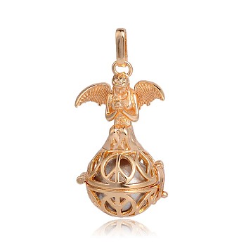Golden Plated Brass Hollow Round Cage Pendants, with No Hole Spray Painted Brass Beads, Silver, 45x25x24mm, Hole: 3x8mm