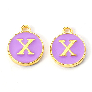 Golden Plated Alloy Enamel Charms, Enamelled Sequins, Flat Round with Letter, Medium Purple, Letter.X, 14x12x2mm, Hole: 1.5mm