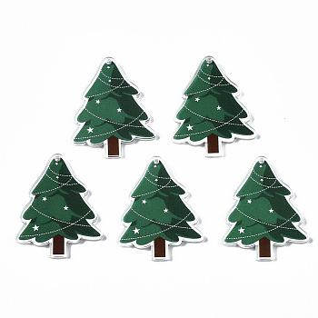 Transparent Printed Acrylic Pendants, Christmas Themed, Christmas Trees, Sea Green, 34.5x27.5x2.5mm, Hole: 1.6mm