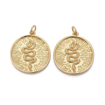 Brass Pendants, Long-Lasting Plated, with Jump Ring, Flat Round with Snake, Real 18K Gold Plated, 22x20x2.5mm, Hole: 3mm
