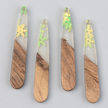 Transparent Resin & Walnut Wood Pendants, with Snowflake Glitter Sequins, Teardrop, Clear, 44x7.5x3mm, Hole: 1.5mm