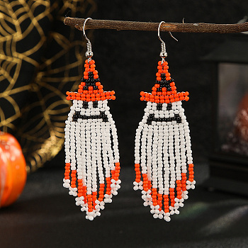 Ghost Patterned Halloween Style Beaded Tassel Earrings for Women, Platinum, 85x29mm