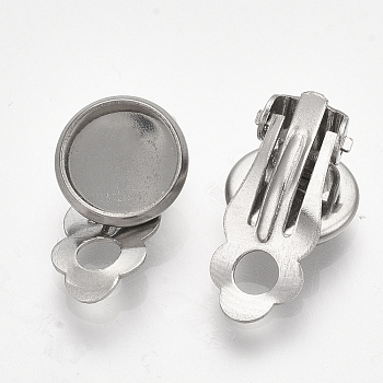 201 Stainless Steel Clip-on Earring Findings, Flat Round, Stainless Steel Color, 18x11.5x7mm, Hole: 3mm, Tray: 10mm