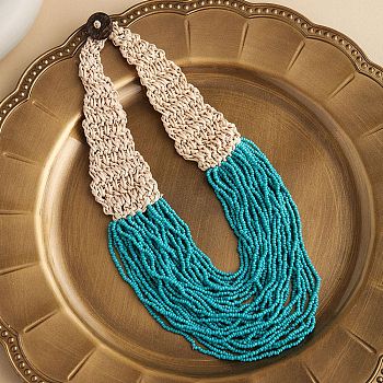 Bohemia Style Multi-strand Glass Seed Beaded Bib Necklaces for Women, Wax Cord Knitting Necklaces with Coconut Clasp, Dark Turquoise, 19.09 inch(48.5cm)