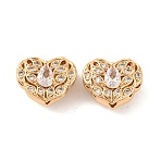 Brass Micro Pave Clear Cubic Zirconia Beads, Cadmium Free & Nickel Free & Lead Free, Heart, Real 18K Gold Plated, 12x15x10mm, Hole: 1.8mm(KK-S389-20G)