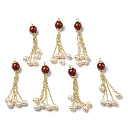 Natural Red Agate Round Big Pendants, Natural Freshwater Pearl Tassel Charms with Brass Chains, Real 14K Gold Plated, 52mm, Hole: 1.6mm(SSHEL-R050-04G)