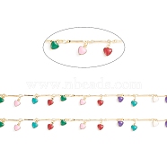 3.28 Feet Brass Bar Link Chains, with Heart Enamel Charms, Soldered, Long-Lasting Plated, Random Enamel Color, Real 18K Gold Plated, 12.5x2x1mm(X-CHC-E021-07A)