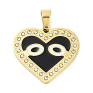 304 Stainless Steel Charms, with Rhinestone and Enamel, Real 18K Gold Plated, Evil Eye Charm, Heart, Black, 22x24.5x2mm, Hole: 6.5x4mm(STAS-M341-01G-09)