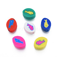 Handmade Polymer Clay Beads, Oval with Fish, Mixed Color, 10.5~12x8~8.5x4.5~5mm, Hole: 1.6mm(CLAY-N011-68)