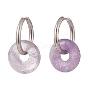 Natural Amethyst Pi Disc/Donut Dangle Hoop Earrings, 304 Stainless Steel Jewelry for Women, 29.5mm, Pin: 1mm(EJEW-JE05132-03)