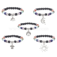 Natural Mixed Gemstone Round Beaded Stretch Bracelets with Alloy Charms, Mixed Shapes, Inner Diameter: 2-1/8 inch(5.4cm)(BJEW-JB09403)