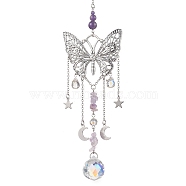 Alloy Butterfly Pendant Decorations, Natural Amethyst & Glass Round Tassel Charms for Garden Home Decoration, Platinum, 290mm, Hole: 8mm(HJEW-TA00238)