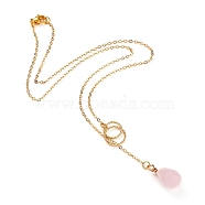 teardrop, Natural Rose Quartz Pendants Necklaces, with Brass Linking Rings & Cable Chains, 304 Stainless Steel Lobster Claw Clasps, 17.52~17.72 inch(44.5~45cm), 2mm(NJEW-JN02918-04)
