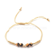 Natural Agate & Brass Clover Beaded Cord Bracelet, Gemstone Braided Adjustable Bracelet for Women, Gold, Inner Diameter: 7/8~3-5/8 inch(2.1~9.3cm)(BJEW-JB08366-01)