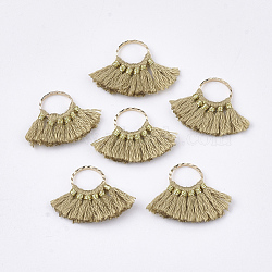 Polycotton(Polyester Cotton) Tassel Pendants Decorations, with Brass Findings, Fan Shape, Golden, Dark Khaki, 14~15x20~22x1.5mm, Hole: 7mm(FIND-S302-11R)