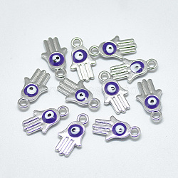 Platinum Plated Alloy Charms, with Enamel, Religion, Hamsa Hand/Hand of Fatima /Hand of Miriam with Evil Eye, Blue, 14.5x8x2.5mm, Hole: 1.8mm(ENAM-S117-28F)