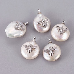 Natural Cultured Freshwater Pearl Pendants, with Brass Cubic Zirconia Cabochons, Long-Lasting Plated, Nuggets with Bees, Real Platinum Plated, 16~22x12~13x6.5~7mm, Hole: 1.4mm(PEAR-F008-37P)