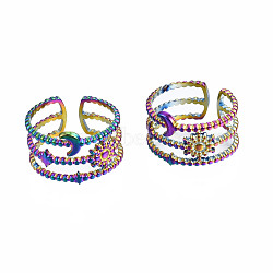 Sun & Moon & Star Cuff Rings, Hollow 3 Line Wide Open Rings, Rainbow Color 304 Stainless Steel Rings for Women, Multi-color, US Size 7 1/4(17.5mm)(RJEW-N038-017)