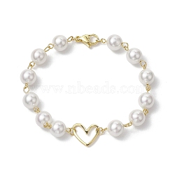 8mm Round Shell Pearl & Brass Heart Link Bracelets for Women, Golden, 7-1/2 inch(19.2cm)(BJEW-JB10424)