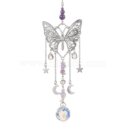 Alloy Butterfly Pendant Decorations, Natural Amethyst & Glass Round Tassel Charms for Garden Home Decoration, Platinum, 290mm, Hole: 8mm(HJEW-TA00238)