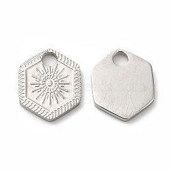 316L Surgical Stainless Steel Charms, Hexagon with Sun Charm, Textured, Stainless Steel Color, 8.2x7x1mm, Hole: 1.5mm(STAS-H213-52P)
