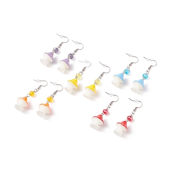 Resin Mushroom with Glass Dangle Earrings, 316 Surgical Stainless Steel Jewelry for Women, Mixed Color, 60.5mm, Pin: 0.7mm