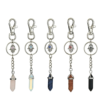 Natural & Synthetic Gemstone Double Terminated Pointed Pendant Decoration, with Alloy Hamsa Hand with Evil Eye and Lobster Claw Clasps Charm, Antique Silver & Platinum, 13~13.2cm