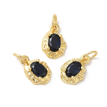 Rack Plating Brass Cubic Zirconia Charms, with Jump Ring, Long-Lasting Plated, Lead Free & Cadmium Free, Oval, Real 18K Gold Plated, Dark Blue, 14x8x4mm, Hole: 3mm