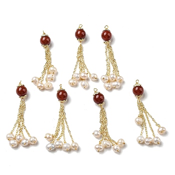Natural Red Agate Round Big Pendants, Natural Freshwater Pearl Tassel Charms with Brass Chains, Real 14K Gold Plated, 52mm, Hole: 1.6mm