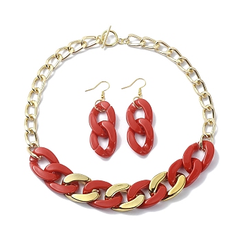 Acrylic Chains Jewelry Set, Curb Chian Necklace and Iron Dangle Earrings, FireBrick, 430mm, 66x20.5mm