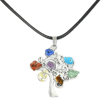 Alloy Tree of Life Pendant Necklaces, Natural & Synthetic Mixed Gemstone Chips Chakra Theme Necklace with Imitation Leather Cords, Antique Silver, 17.44 inch(44.3cm)