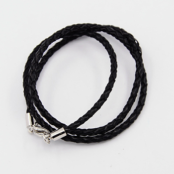 Braided Leather Cords for Necklace Making, with Brass Lobster Clasps, Black, 18.1 inch, 3mm