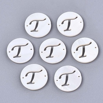 Natural Freshwater Shell Links Connectors, Flat Round with Letter, Letter.T, 14.5x1.5mm, Hole: 0.9mm