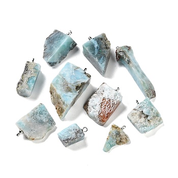Grade 3A Natural Larimar Pendants, Nuggets Charms with Platinum Plated Brass Pendant Bails, 12.5~37.5x4~20x4~19mm, Hole: 1.6mm