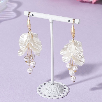 Petaline Brass Shell Pearl Dangle Earrings, with ABS Plastic Imitation Pearl & 316/304 Stainless Steel Earring Findings, Golden, 65mm
