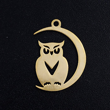 201 Stainless Steel Pendants, For Halloween, Owl with Moon, Golden, 20x14x1mm, Hole: 1.5mm