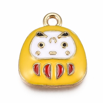 Alloy Pendants, with Enamel, Japanese Dharma Doll, Good Luck Charms, Golden, Gold, 15.5x13.5x3.5mm, Hole: 1.6mm