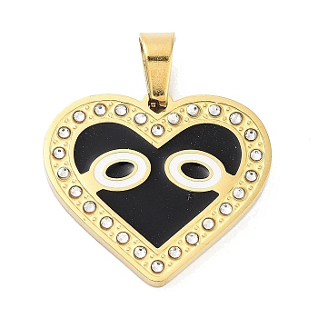 304 Stainless Steel Charms, with Rhinestone and Enamel, Real 18K Gold Plated, Evil Eye Charm, Heart, Black, 22x24.5x2mm, Hole: 6.5x4mm