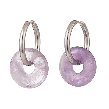 Natural Amethyst Pi Disc/Donut Dangle Hoop Earrings, 304 Stainless Steel Jewelry for Women, 29.5mm, Pin: 1mm