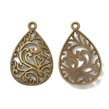 Tibetan Style Alloy Filigree Teardrop Pendants, Cadmium Free & Nickel Free & Lead Free, Antique Bronze, 34x22x3.5mm, Hole: 2mm