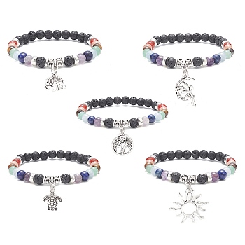Natural Mixed Gemstone Round Beaded Stretch Bracelets with Alloy Charms, Mixed Shapes, Inner Diameter: 2-1/8 inch(5.4cm)