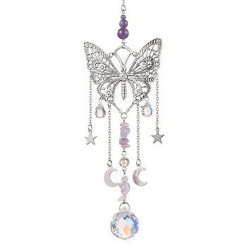 Alloy Butterfly Pendant Decorations, Natural Amethyst & Glass Round Tassel Charms for Garden Home Decoration, Platinum, 290mm, Hole: 8mm