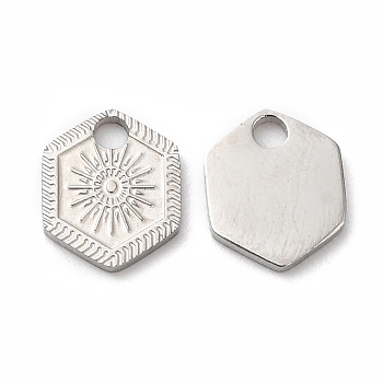 316L Surgical Stainless Steel Charms, Hexagon with Sun Charm, Textured, Stainless Steel Color, 8.2x7x1mm, Hole: 1.5mm